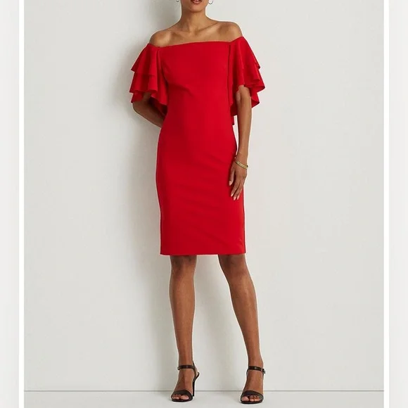 Lauren Ralph Lauren | Dresses | Lauren Ralph Lauren Red Off Shoulder Crepe  Dress With Ruffle Overlay | Poshmark